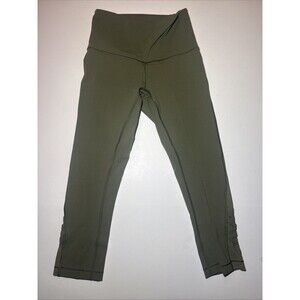 Lululemon High Rise Cropped Leggings Sz 6 Olive Green Mesh Cutout Hem Capri